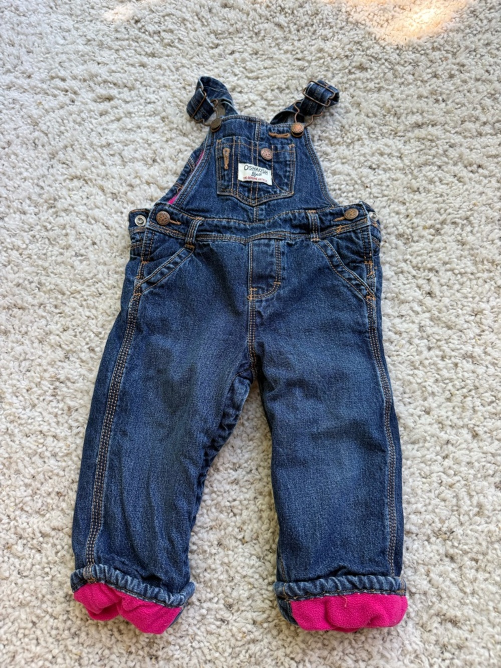 OshKosh B'gosh fleece lined Blue Denim Overalls with Pink Cuffs